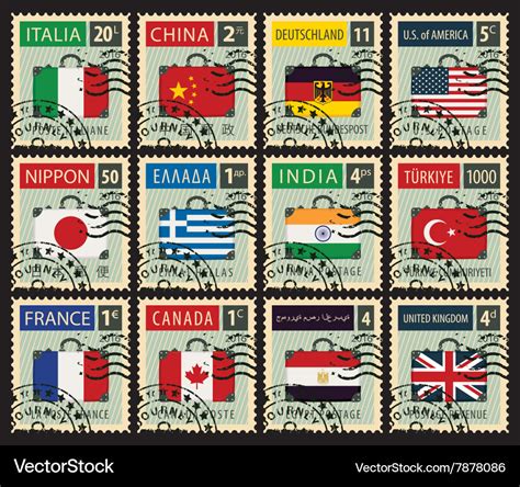 Stamps with flags different countries Royalty Free Vector