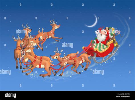 Santa in his sleigh pulled by nine reindeer Stock Photo - Alamy