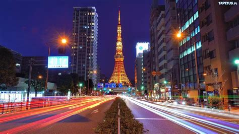 Japonia, Tokio, Tower, Wieża, Drapacze Chmur, Ulica, Noc