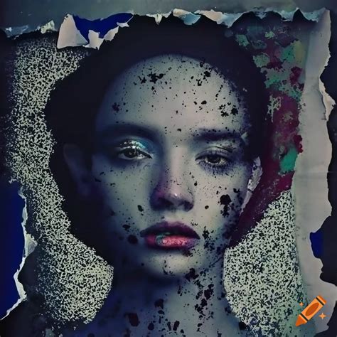 Surreal photomanipulation of a female face with intricate textures and diagonal splashes of ink ...