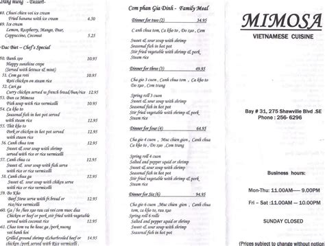 Mimosa Menu, Menu for Mimosa, Somerset, Calgary - Urbanspoon/Zomato