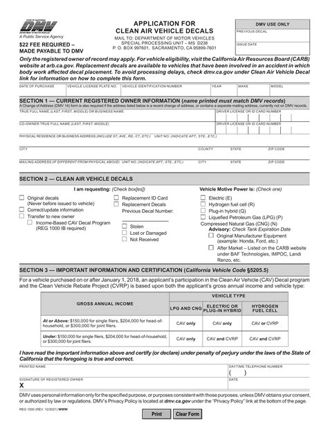 CA DMV Form REG 1000. Application for Clean Air Vehicle Decals | Forms ...