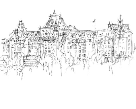1888 Fairmont Banff Springs Hotel Ink Pen Drawing - Aeris Osborne Art
