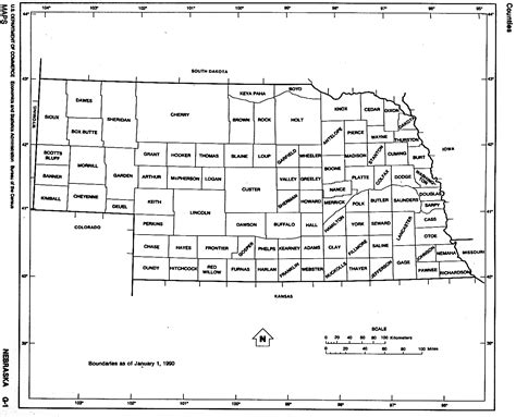 Nebraska State map with counties outline and location of each county in NE, printable free