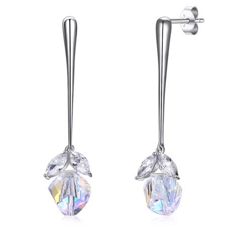 Asymmetric Fine Jewelry Made with Swarovski Crystal Drop Earrings Real S925 Sterling Silver Long ...