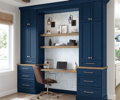 Home Office with Built-In Blue Desk Cabinets - Homecrest Cabinetry