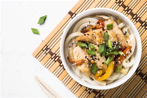 Udon Stir-fry Noodles with Chicken and Vegetables on White. Stock Image - Image of stone ...