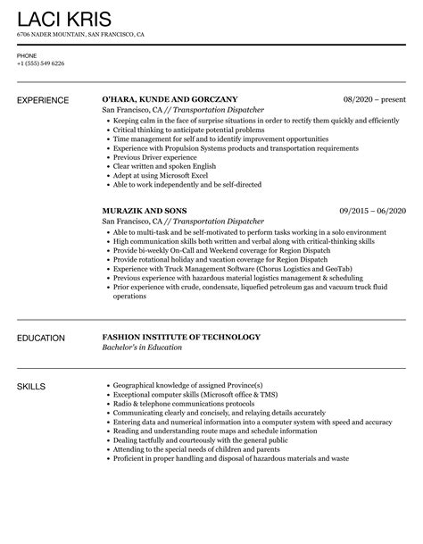 Transportation Dispatcher Resume Sample