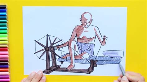 How to draw Mahatma Gandhi Charkha or Spinning Wheel - YouTube