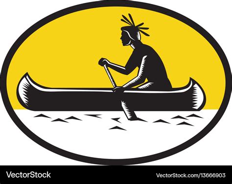 Native american indian paddling canoe woodcut Vector Image