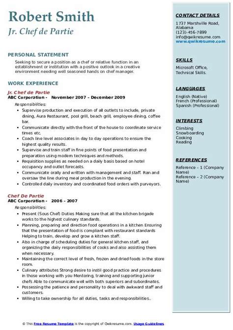 Chef De Partie Resume Samples | QwikResume