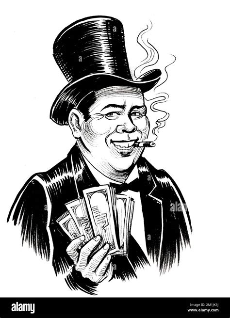 Rich man with cash money. Ink black and white drawing Stock Photo - Alamy