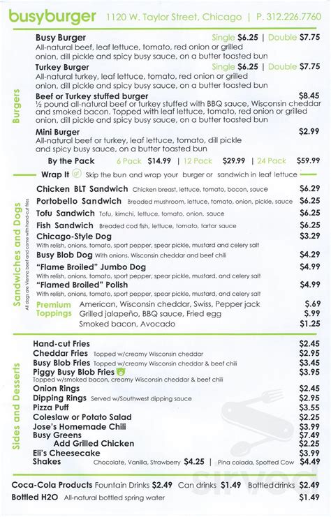 Busy Burger menu in Chicago, Illinois, USA