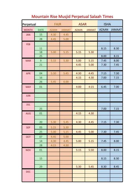Musjid Perpetual Salaah Times - Mountain Rise Musjid
