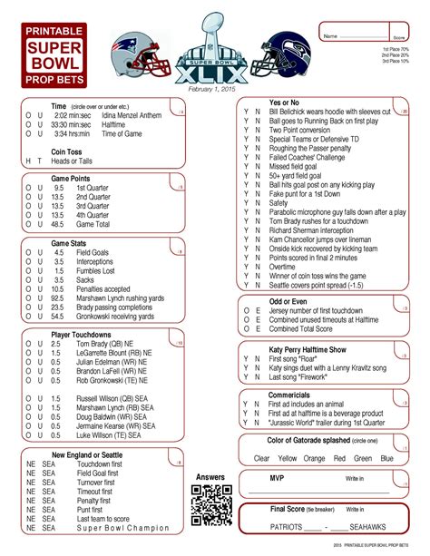 Super Bowl Prop Sheet Printable