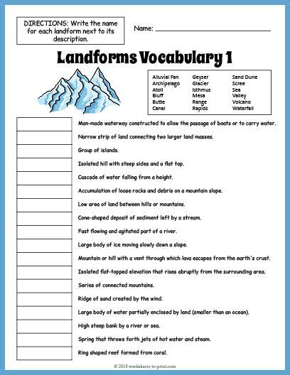 A fun, free printable geography worksheet featuring landforms for elementary school students or ...