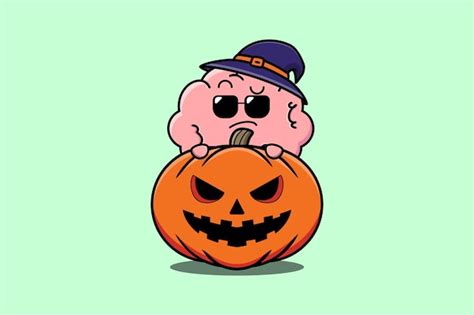 Premium Vector | Cute brain cartoon character hiding in pumpkin halloween illustration in flat ...