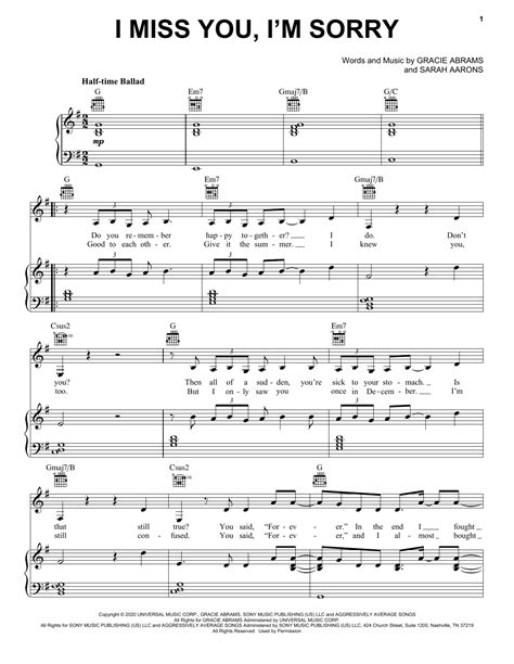 I miss you, I'm sorry by Gracie Abrams Sheet Music for Piano, Vocal ...