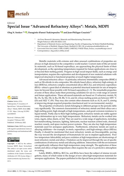 (PDF) Special Issue “Advanced Refractory Alloys”: Metals, MDPI