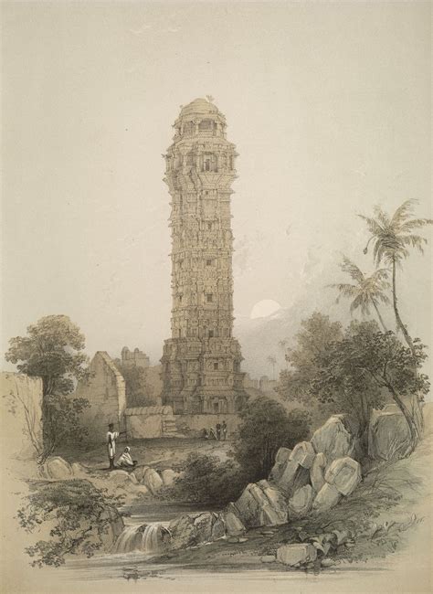 Vijay Stambh, Chittorgarh, 1847. From the book 'Ancient Architecture of Hindostan by James ...