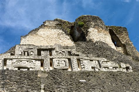 Close up of the carvings on the main pyramid El Castillo at Xunantunich archaeological site of ...