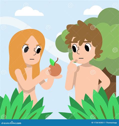 A Cartoon Vector of Adam and Eve Looking at the Fruit. Illustration. Bible Stories Stock Vector ...