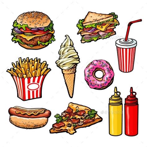 Set Of Various Food Fastfood | Fast food, Food illustrations, Food drawing