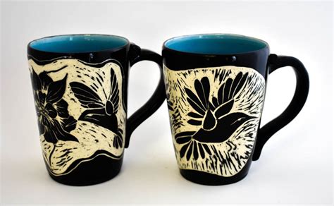 Sgraffito Hummingbird Mug with Blue interior. Handmade pottery mug. 12 ...