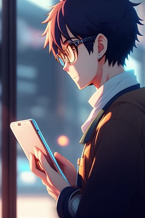 Lexica - A nerdy anime boy is using the phone scrolling in instagram , by makoto shinkai and ...