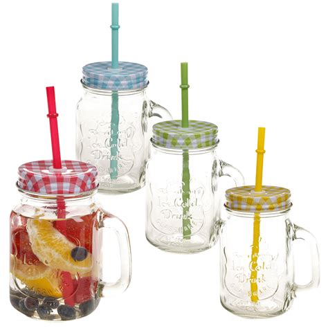 500ml Glass Drinking Cup Handle & Straw Glasses Mason Jar Colour Lids Set Bar | eBay