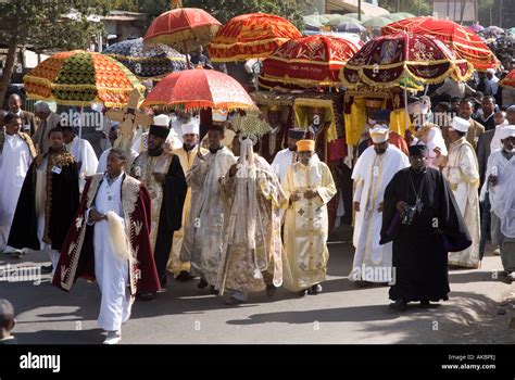 Procession of Ethiopian Orthodox Clergy carrying 'Tabots' during Timkat (Epiphany) celebrations ...