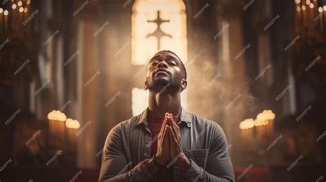 Premium AI Image | Black man prayer sitting in church man praying for god in the church and ...