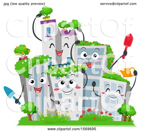 Clipart of Building Characters with Green Garden Roof Tops - Royalty Free Vector Illustration by ...