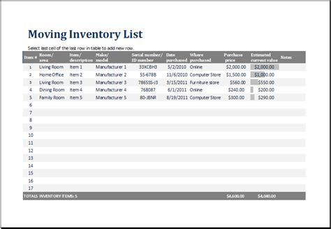 Moving Inventory Template Excel Templates | Hot Sex Picture