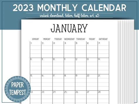 Printable Monthly Calendar 2023 Portrait Monthly Planner 2023 - Etsy