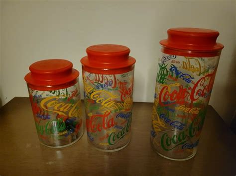 COCA-COLA GLASS CANISTER SET WITH RED LID CLASSIC MULTI COLOR COCA-COLA ...