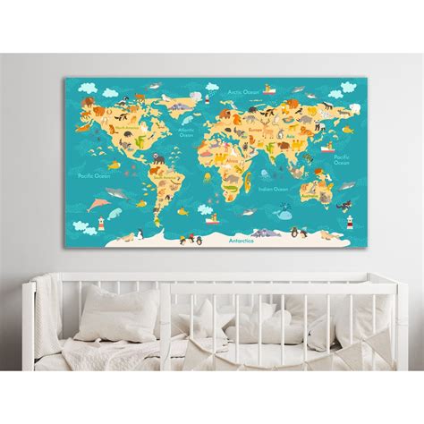 Framed 1 Panel - Kids Room - Animals World Map - Canvas Print Wall Art | The Warehouse