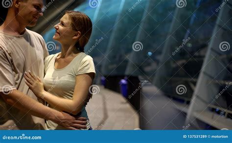 Man Hugging Woman on Romantic Evening Near City Shopping Center, Dating, Closeup Stock Image ...