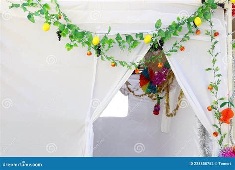 Jewish Festival of Sukkot. Traditional Succah (hut) from White Fabric and Colorful Decorations ...