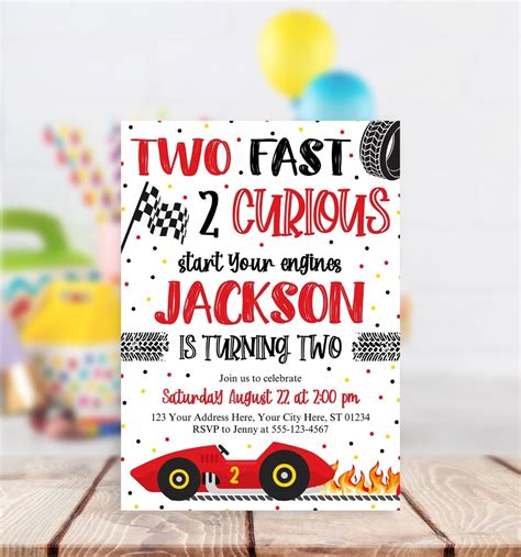 Two Fast Birthday Invitation, Editable 2 Curious Invitation Template, Printable Boy Racing ...