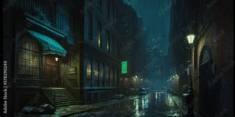 Dark street in the rain at night in New York. Eerie nighttime city with ...