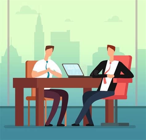 Employee Man and Interviewer Boss Meeting in Office. Job Interview and Recruitment Vector ...