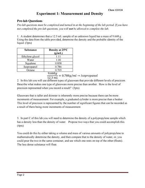 Experiment #1: Measurement and Density Pre-Lab - Chem 123/ Experiment 1: Measurement and Density ...