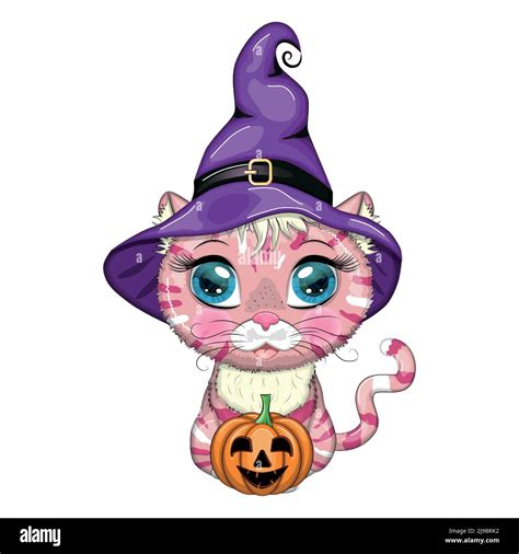 Cartoon cat in purple witch hat with broom, pumpkin, potion. Halloween character, poster. Cute ...