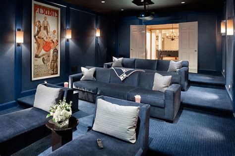 Home Theater With Dark Blue Wall Colors And Wall Sconces The Right Home ...