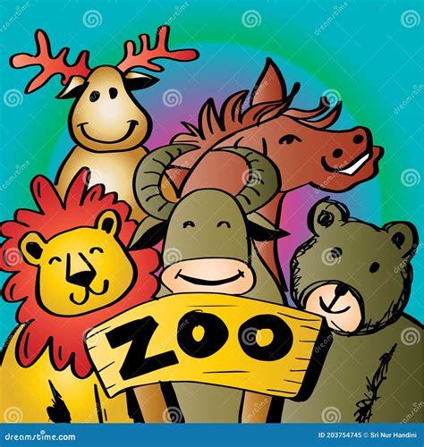 Cute Zoo Animals Vector Illustration, Line Art Hand Drawing Stock Vector - Illustration of ...