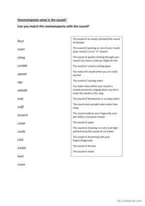 7 Onomatopoeia English ESL worksheets pdf & doc