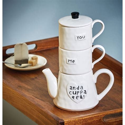 You, Me, and a Cuppa Tea - Stackable Cup and Teapot Set - White Stoneware - Walmart.com