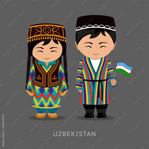 Uzbeks in national dress with a flag. Man and woman in traditional ...