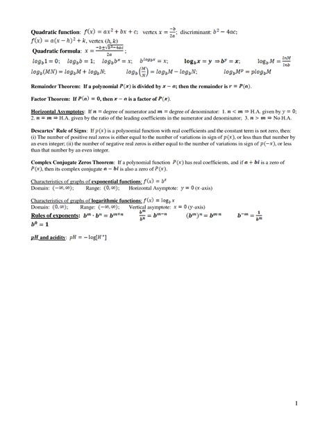 Exam 1 Formula Sheet - 1 Quadratic function: vertex ; discriminant ...